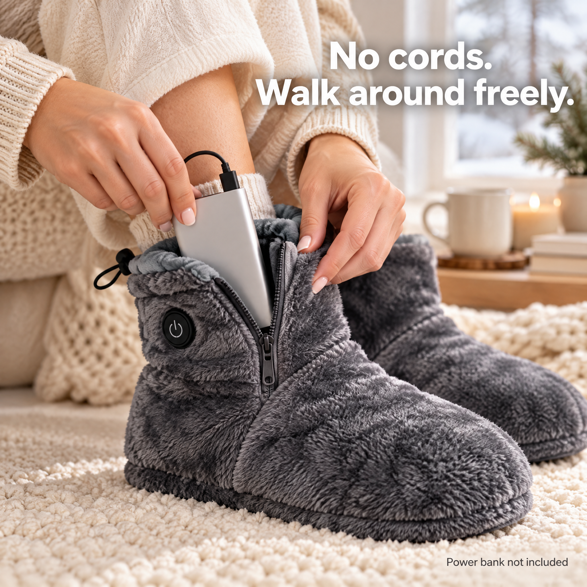 Heated plush slipper boots with a USB power bank placed inside the zippered side pocket