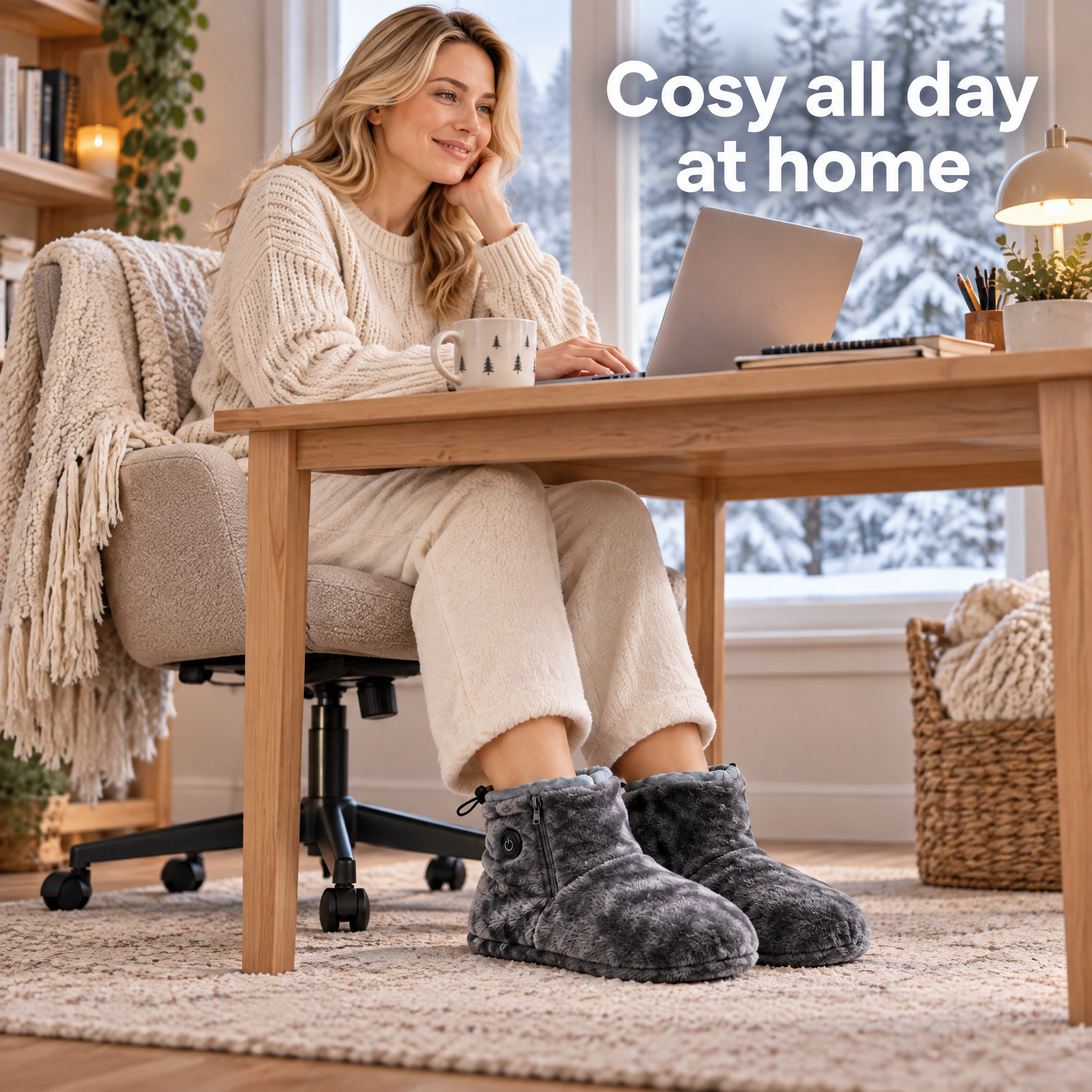 Woman wearing gray heated plush slipper boots while working from home
