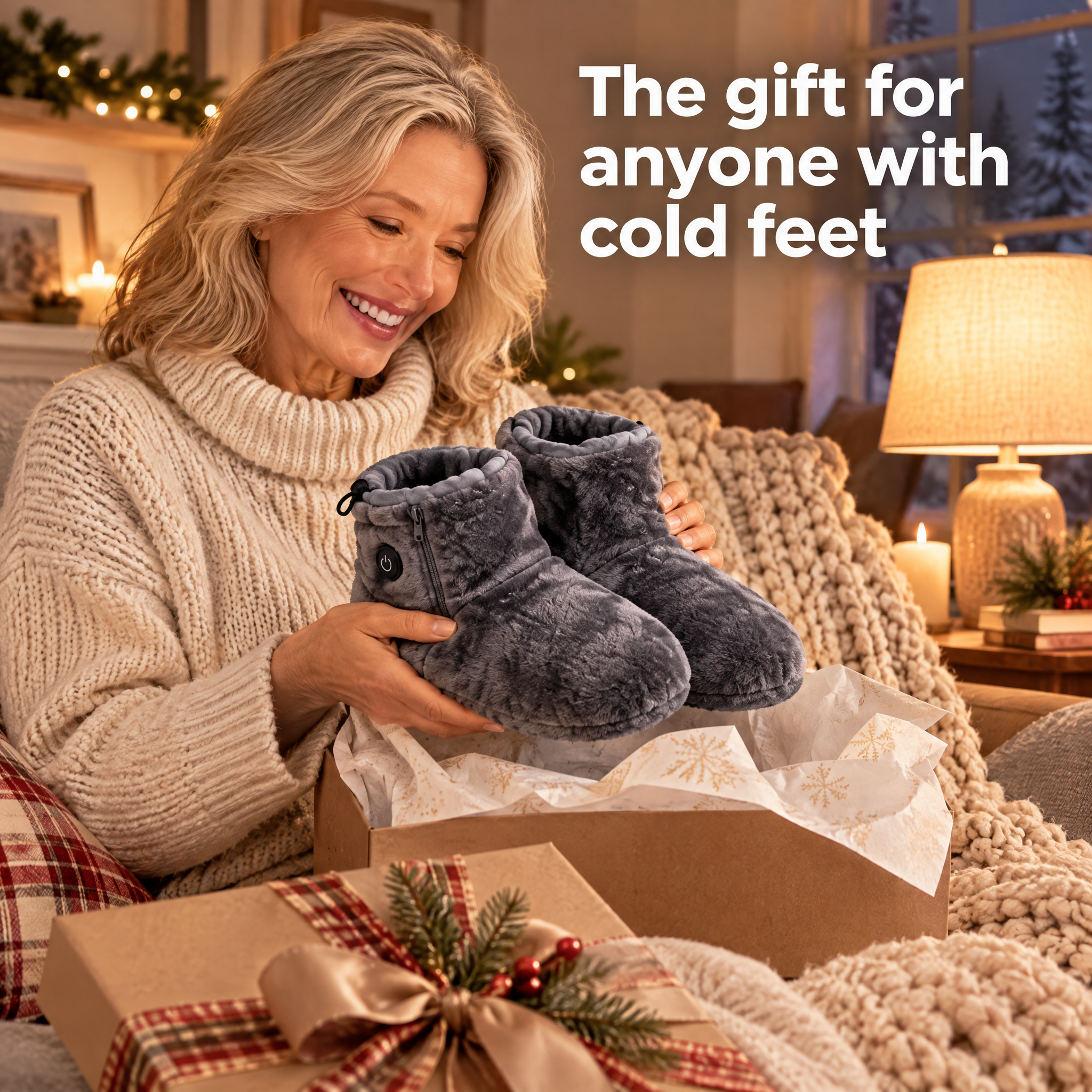 Woman receiving gray plush heated slipper boots as a cozy winter gift