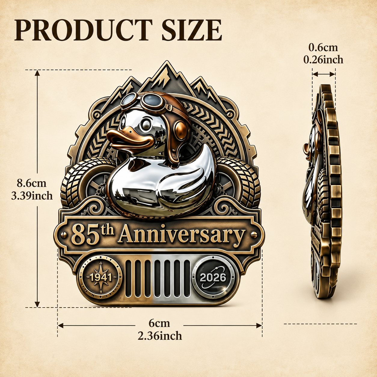 Duck car badge product measurements showing height 8.6 cm, width 6 cm and depth 0.6 cm